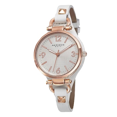 Akribos XXIV Women's Swiss Quartz Decorated Leather Thin White Strap Watch
