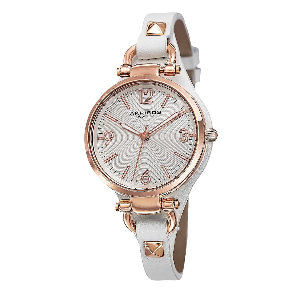 Akribos XXIV Women's Swiss Quartz Decorated Leather Thin White Strap Watch