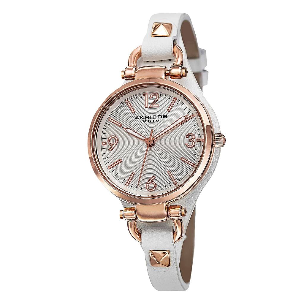 Akribos XXIV Women's Swiss Quartz Decorated Leather Thin White Strap Watch