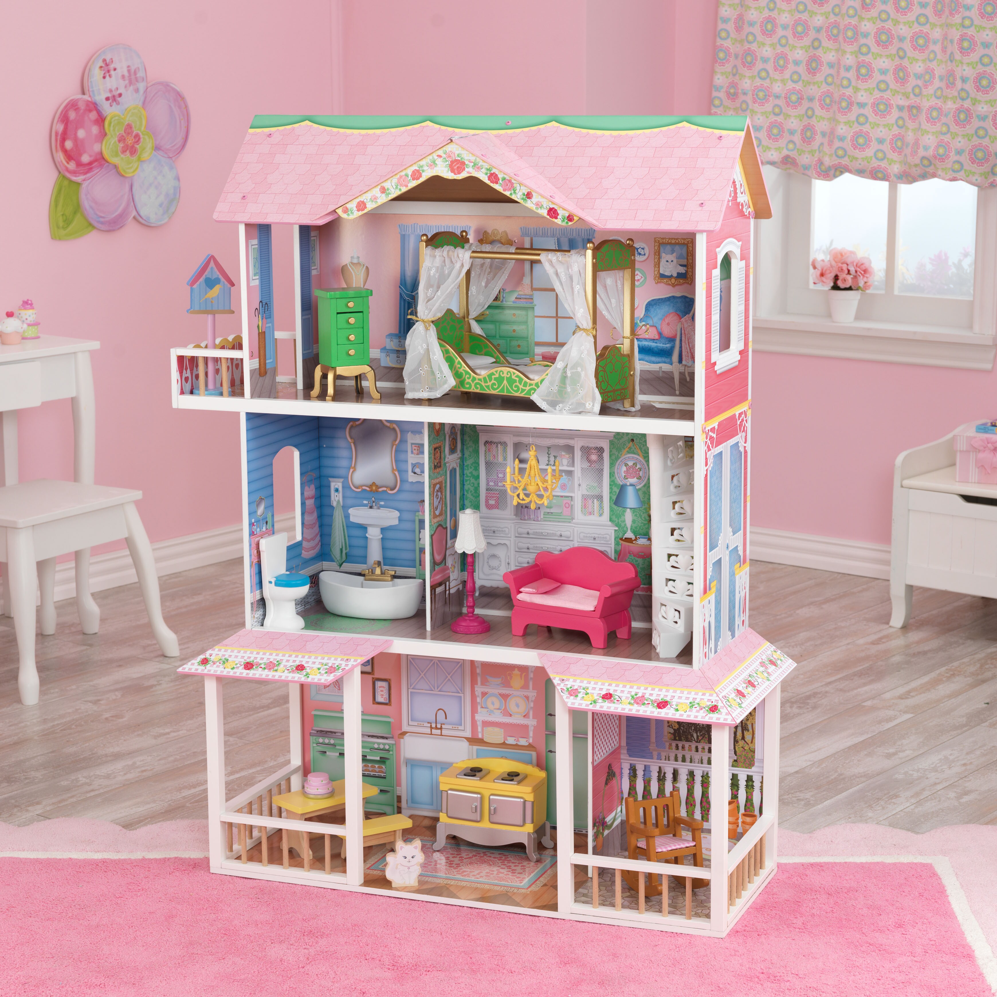 kidkraft sweet savannah wooden dollhouse with 13 pieces of furniture