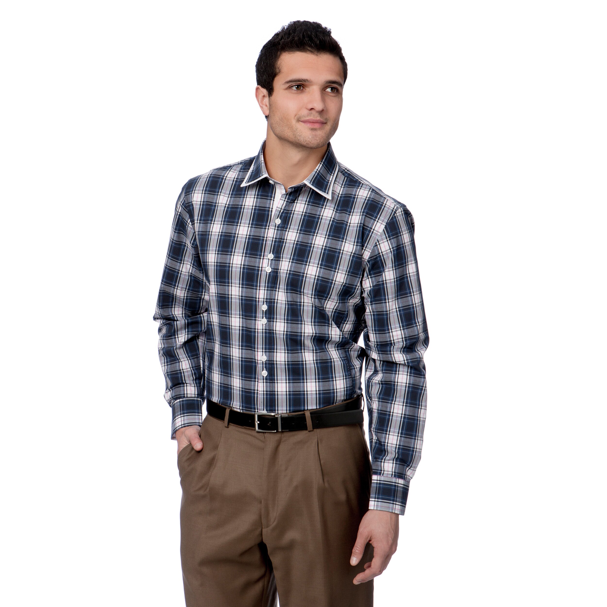 Brio Milano Men's Navy and White Plaid Button-down Shirt - Overstock ...