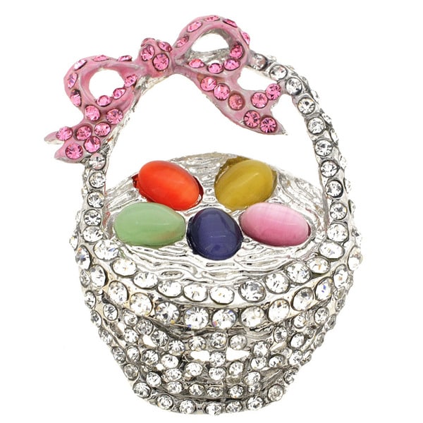 Silverplated Metal Cubic Zirconia Easter Basket Brooch Pin