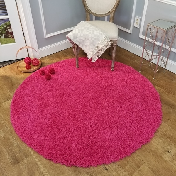 Maxy Home Pink Shag Area Rug Single Solid Color (5' Round) - 5' x 5'