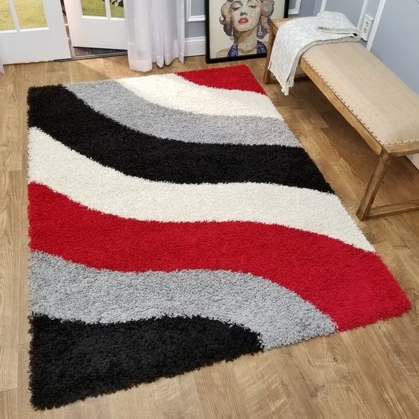 Maxy Home Shag Block Striped Waves Red Black White Grey Area Rug 6 7 X 9 3 Multi Color 6 7 X 9 3 Overstock 9316065