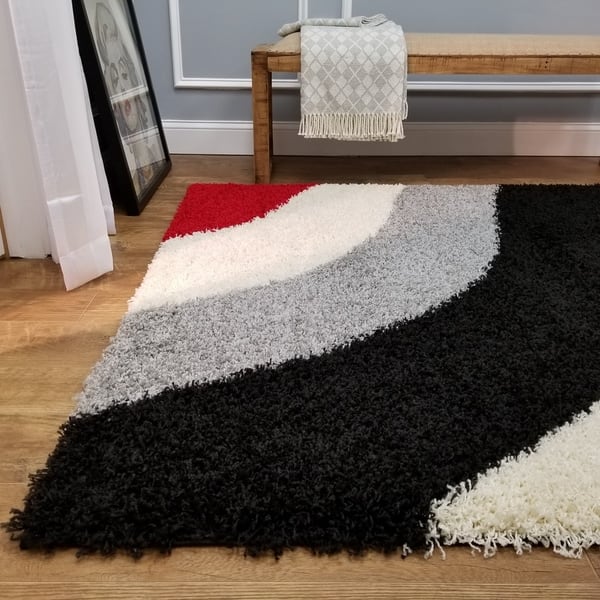 Maxy Home Shag Block Striped Waves Red Black White Grey Area Rug 6 7 X 9 3 Multi Color 6 7 X 9 3 Overstock 9316065