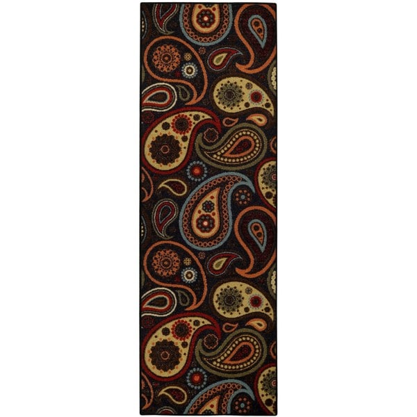 Rubber Back Black Charcoal Paisley Floral Non-Slip Runner Rug (1'6 x 4'11) - 1'6 x 4'11