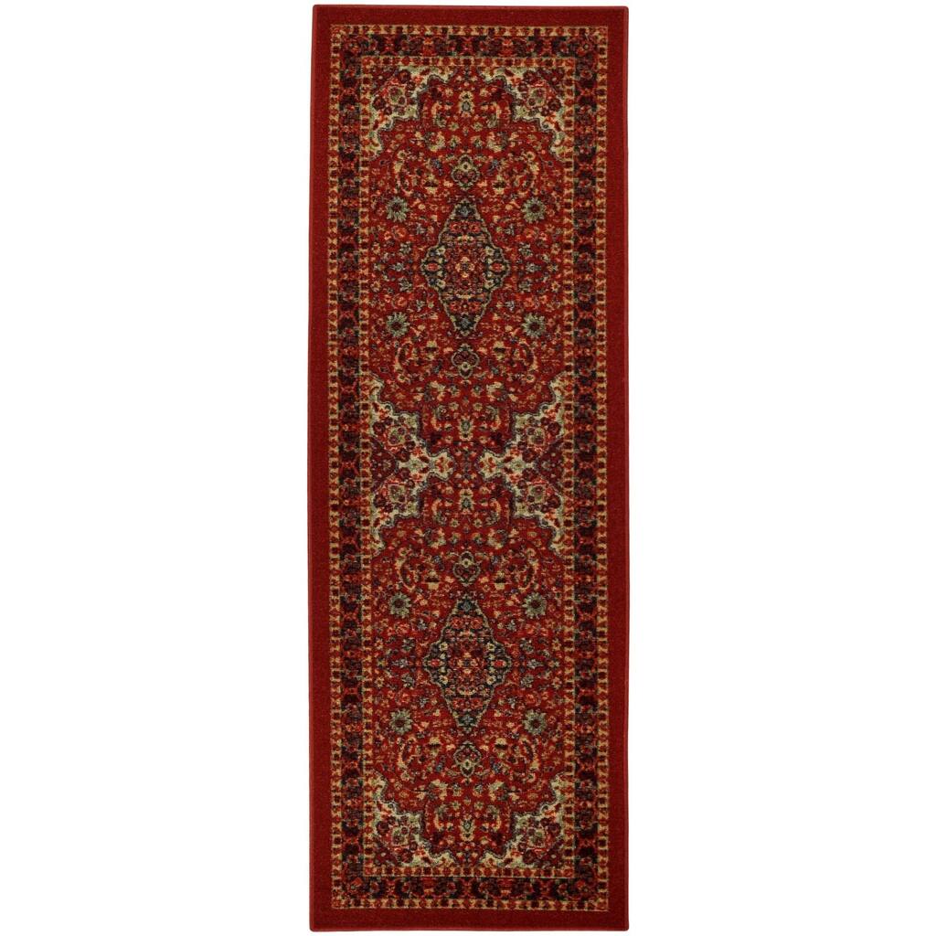 Rubber Back Red Traditional Floral Non-Slip Long Runner Rug (2'8 x 9'10) - 2'8 x 9'10