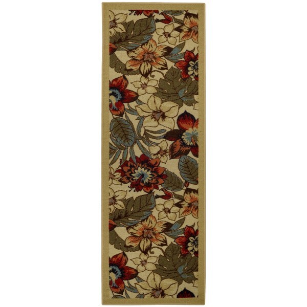 Rubber Back Ivory Multicolor Floral Garden Non-Slip Runner Rug (1'6 x 4'11) - Ivory/Red - 1'6 x 4'11