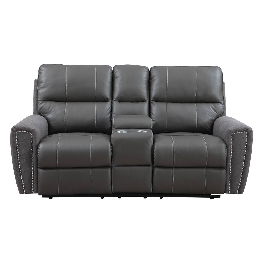 Grey Leather and Microfiber Power Dual Reclining Loveseat with Console