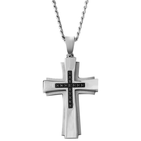 Shop Stainless Steel 1/6ct TDW Black Diamond Cross Pendant Necklace ...