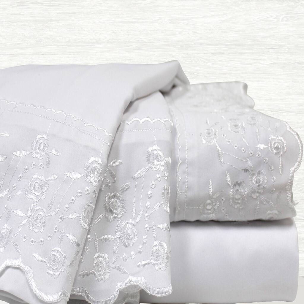 Amraupur Overseas 4-piece White Lace Hem Rose Sheet Set