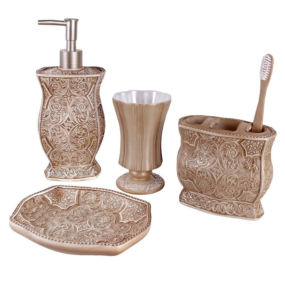 Soap Dish and Dispenser by Creative Scents 4 Piece Bathroom Accessory Set and Tumbler Cup Vanda Floral Style Toothbrush Holder Gift Package