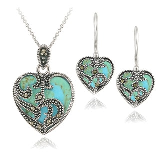 Reconstituted Turquoise Blue Topaz and Marcasite Sterling Silver Necklace