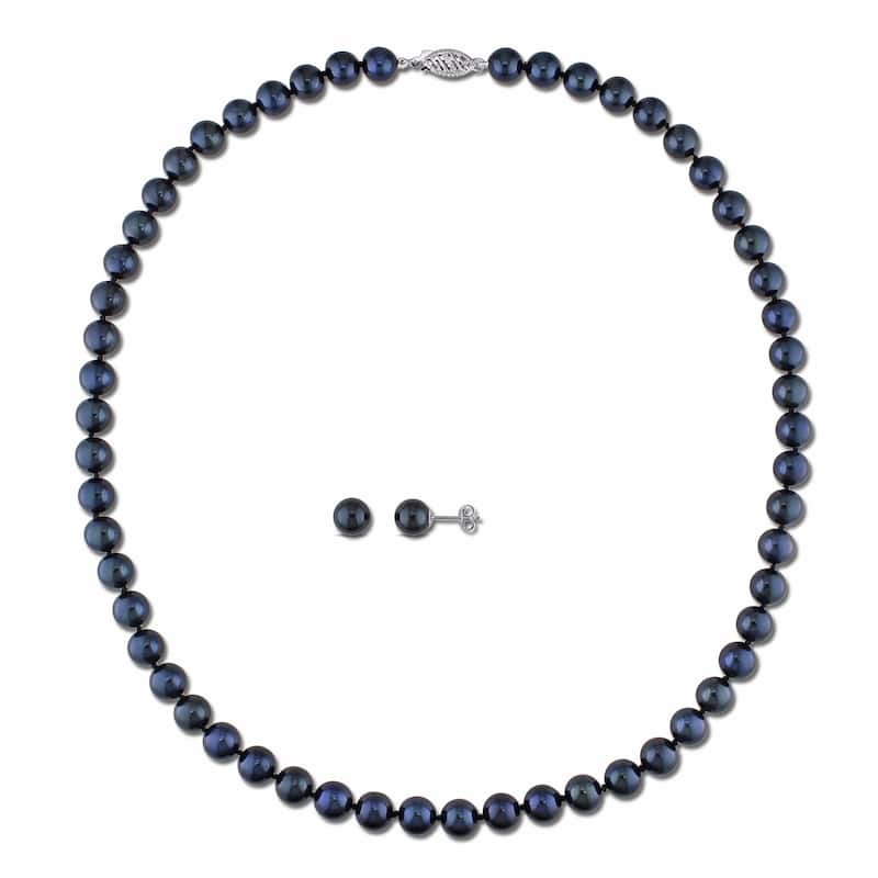 Miadora 14k White Gold 2-piece Set of Cultured Black Pearl Necklace and Earrings (6.5-7 mm)