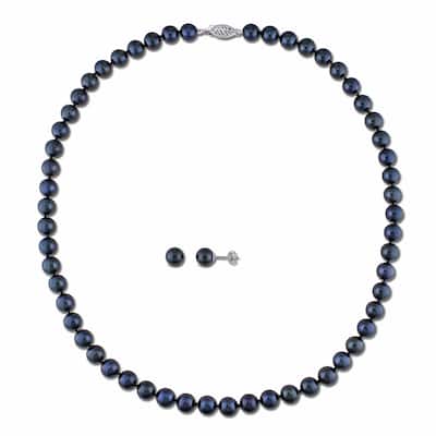 Miadora 14k White Gold 2-piece Set of Cultured Black Pearl Necklace and Earrings (6.5-7 mm)