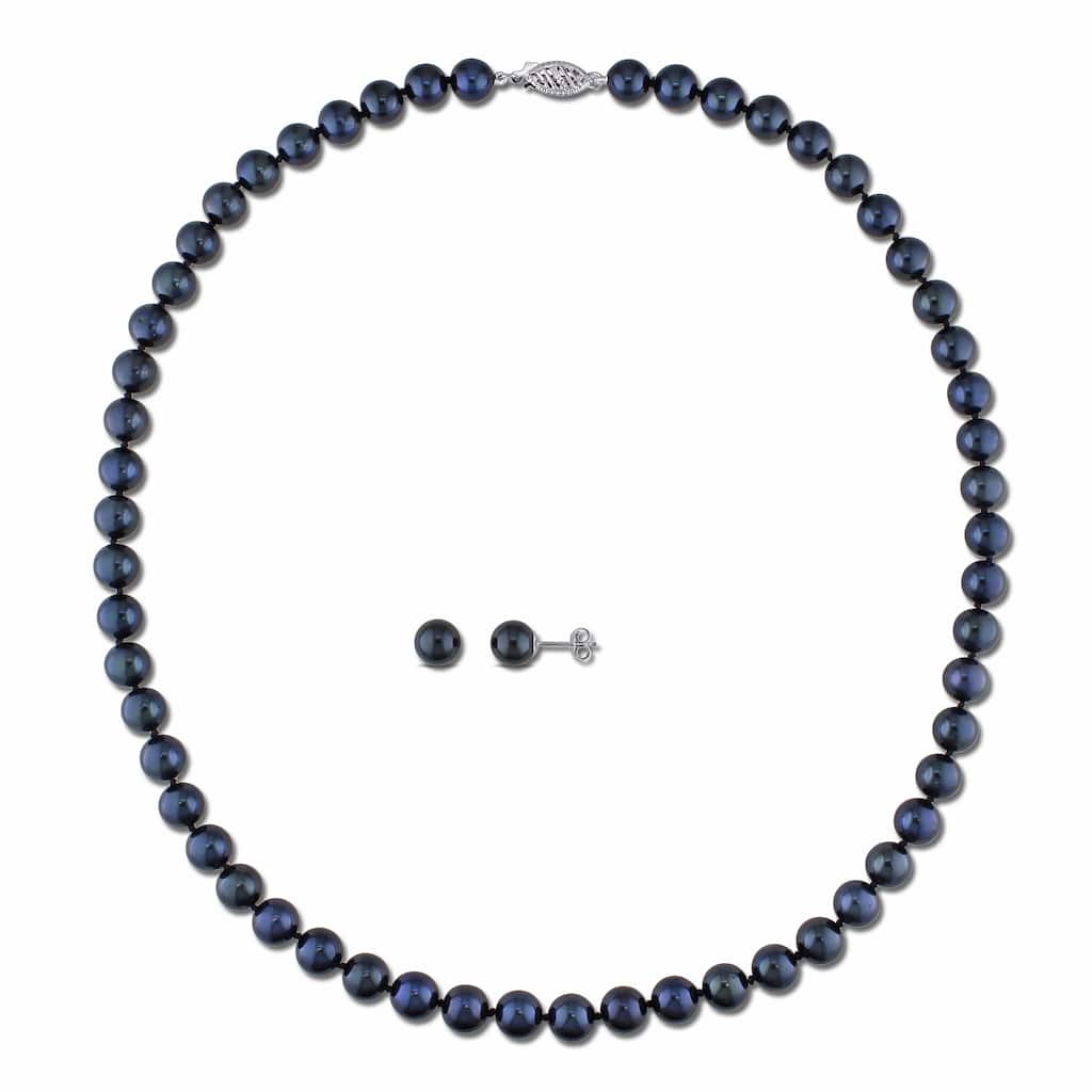 Miadora 14k White Gold 2-piece Set of Cultured Black Pearl Necklace and Earrings (6.5-7 mm)