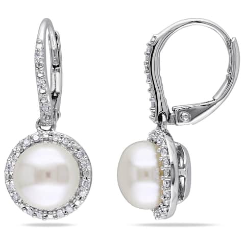 Miadora Silver Cultured Pearl and 1/5ct TDW Diamond Earrings (H-I, I2-I3) (8-8.5 mm)