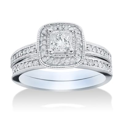 14k White Gold 1 1/6ct TDW Halo Diamond Bridal Set - White Gold - White Gold