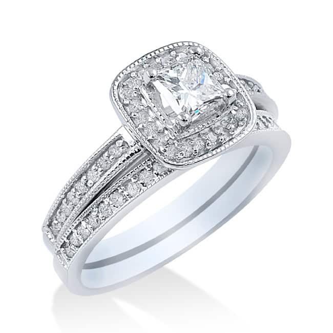 14k White Gold 1 1/6ct TDW Halo Diamond Bridal Set - White Gold - White Gold