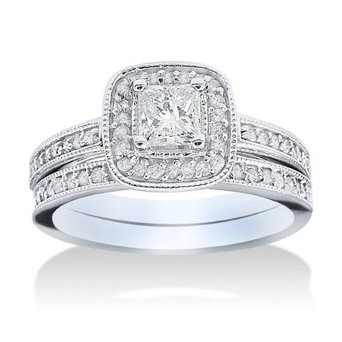 14k White Gold 1 1/6ct TDW Halo Diamond Bridal Set - White Gold - White Gold
