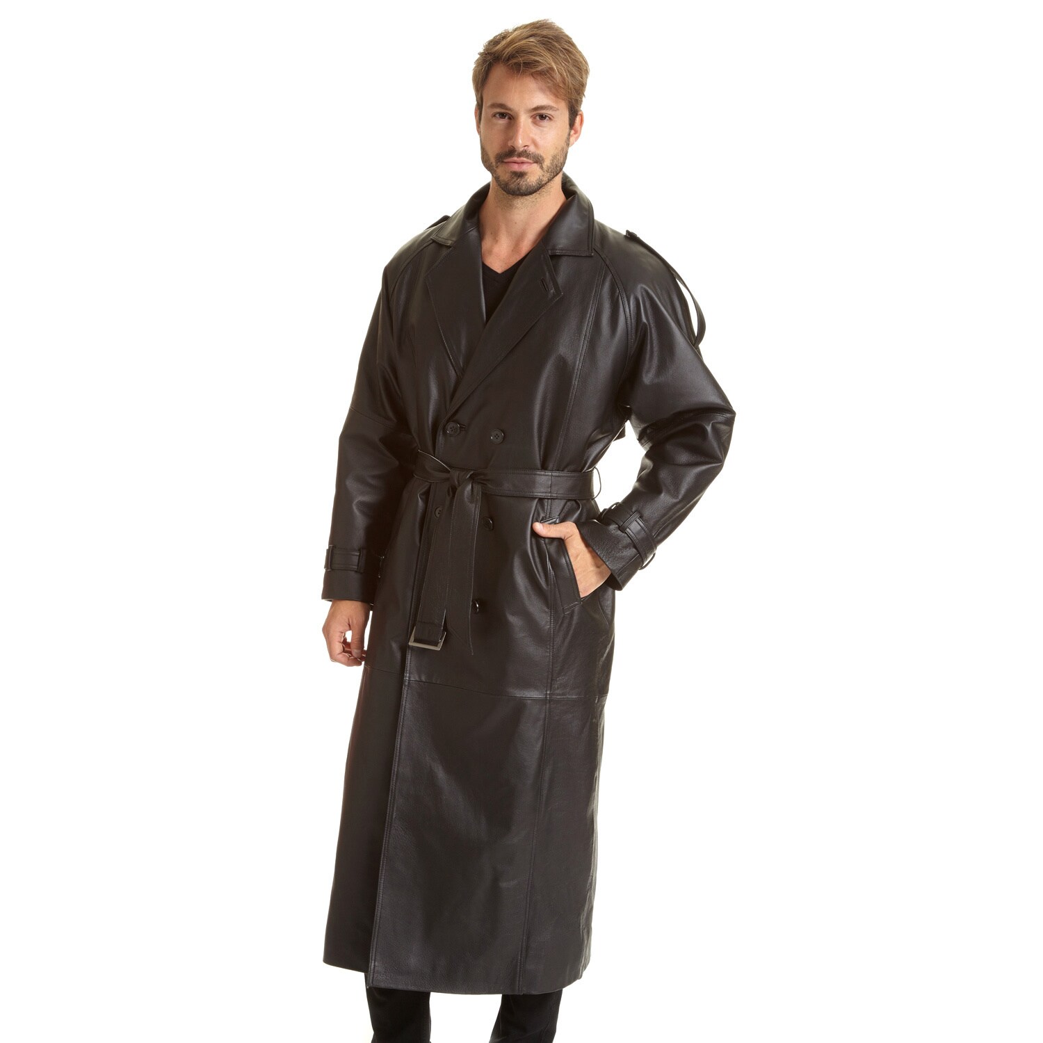 Shop Excelled Men S Tall Sizes Double Breasted Leather Belted Trench With Zip Out Lining Free
