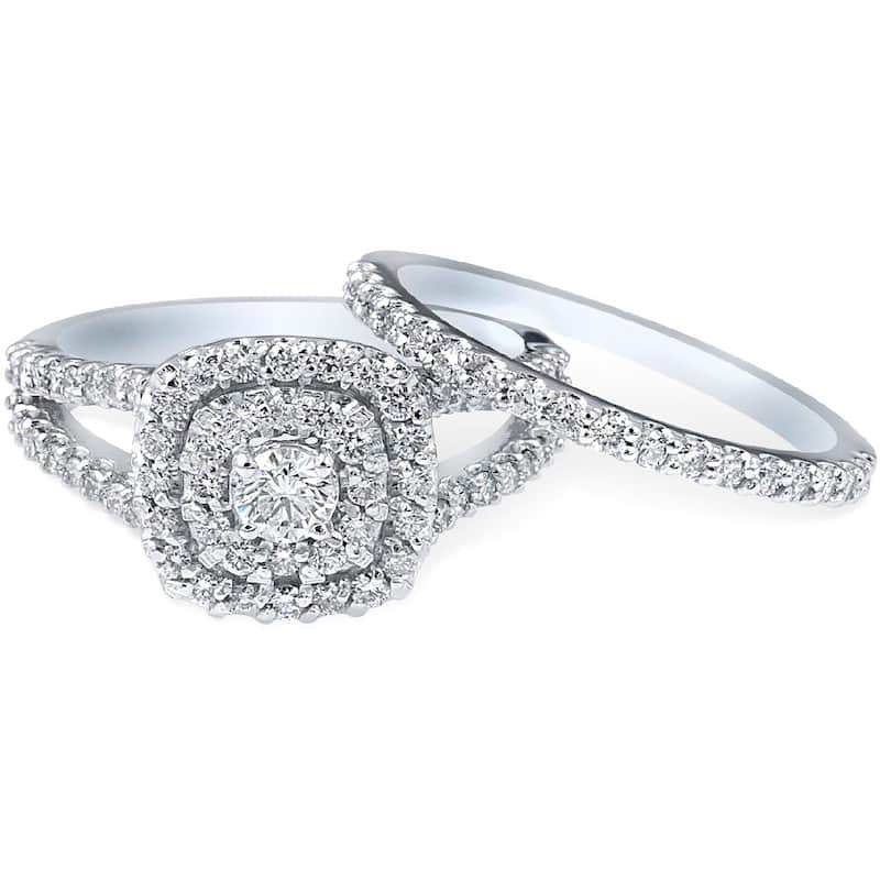 10k White Gold 1ct TDW Diamond Halo Wedding Ring Set