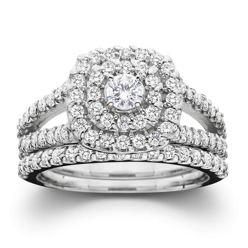 10k White Gold 1ct TDW Diamond Halo Wedding Ring Set - 4