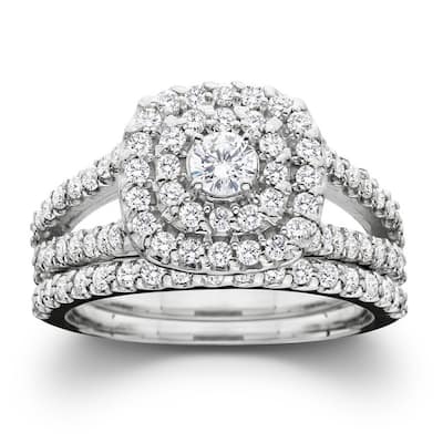 10k White Gold 1ct TDW Diamond Halo Wedding Ring Set