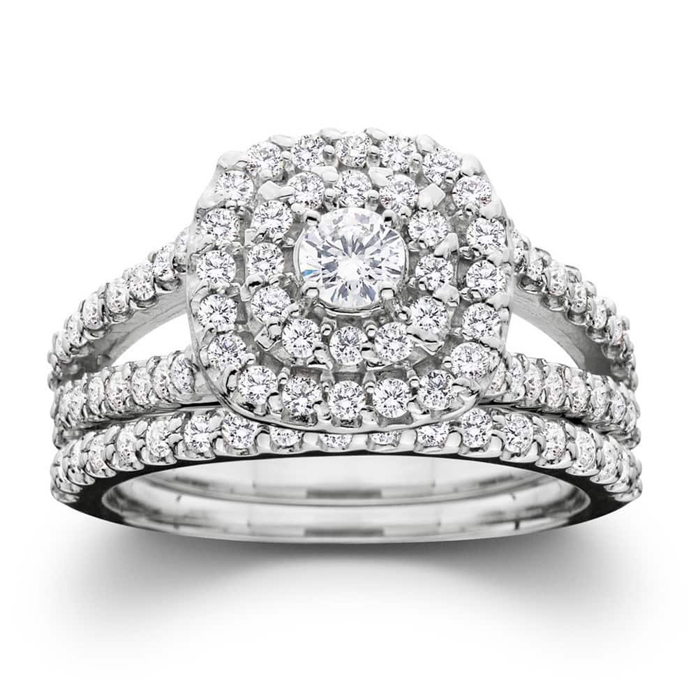 10k White Gold 1ct TDW Diamond Halo Wedding Ring Set