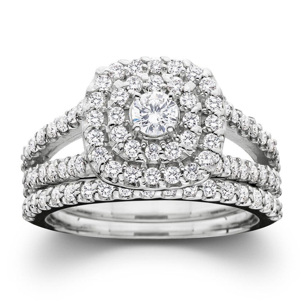 10k White Gold 1ct TDW Diamond Halo Wedding Ring Set