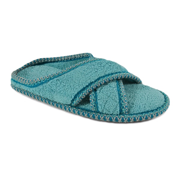 Muk Luks Womens Ada Rain Blue Micro Chenille Criss cross Slippers