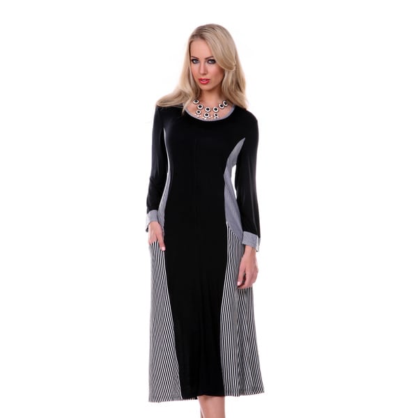 Firmiana Womens Striped Black Panel Long Sleeve Dress  