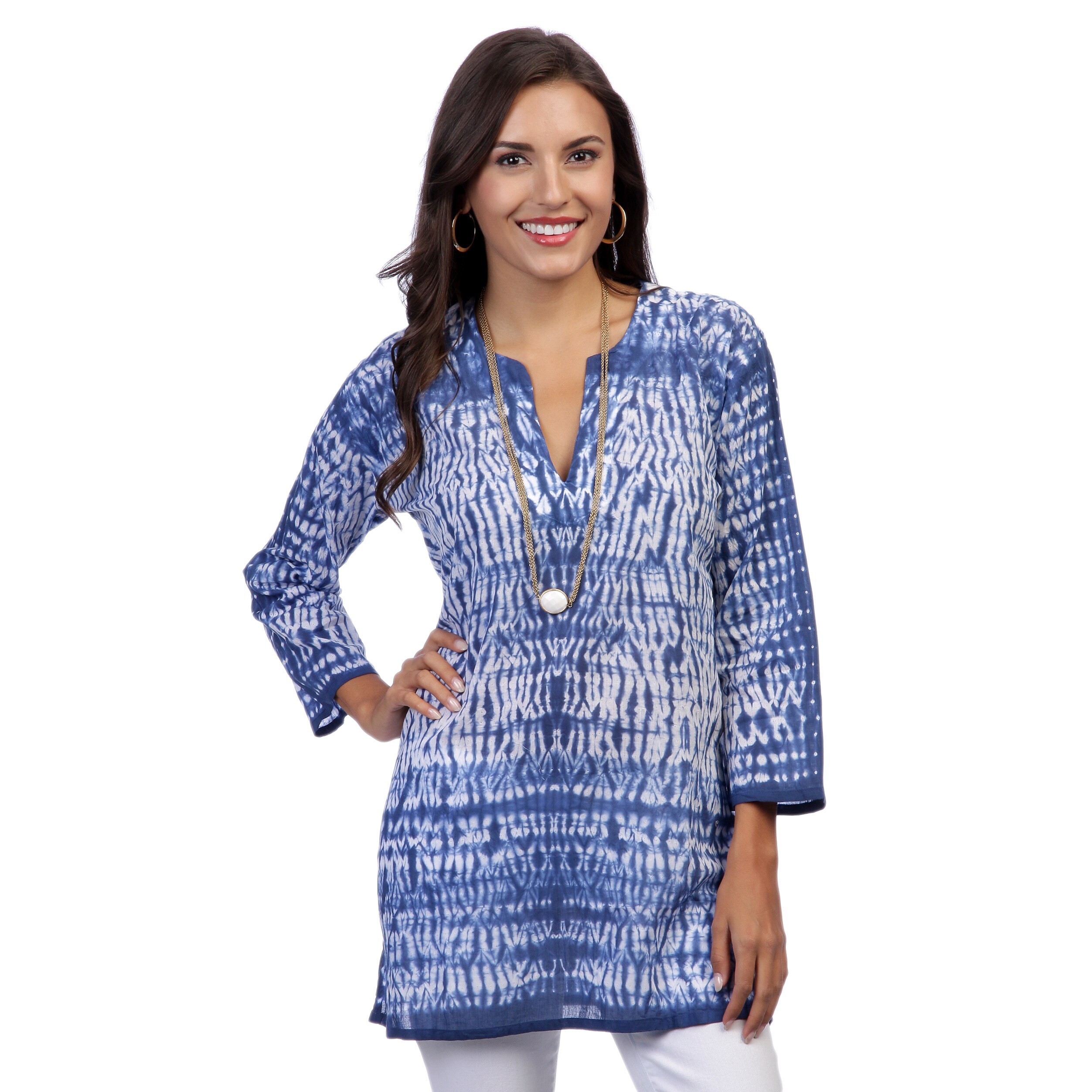 Shop Handmade Women's Dark Blue/ White Tie-dye 3/4-sleeve Tunic (India ...