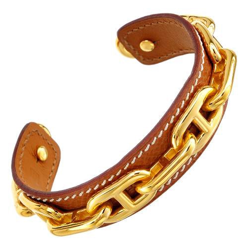 Pre Owned Hermes France Goldplated Metal And Brown Leather Cuff Pre Owned Hermes France Goldplated Metal And Brown Leather Cuff Bracelet
