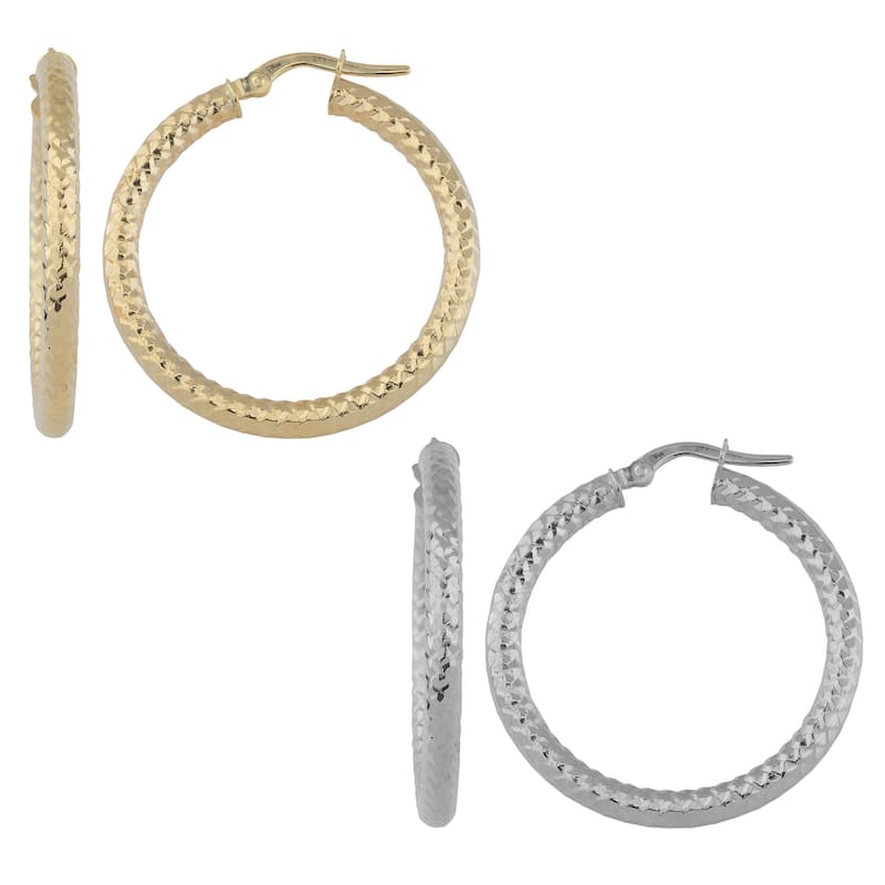 Fremada 10k White or Yellow Gold 3x25-mm Diamond-cut Round Hoop Earrings