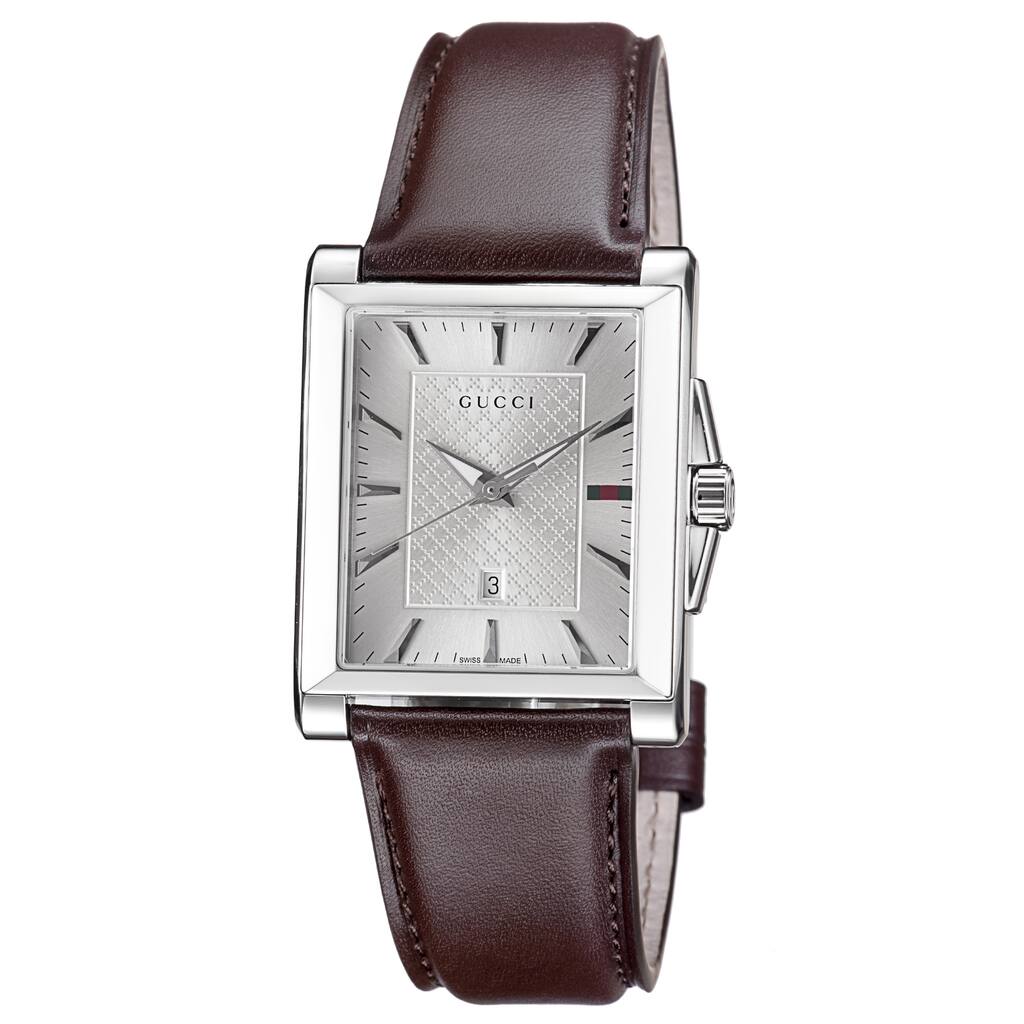Gucci Men's YA138405 'Timeless' Silver Dial Brown Leather Strap Quartz Watch