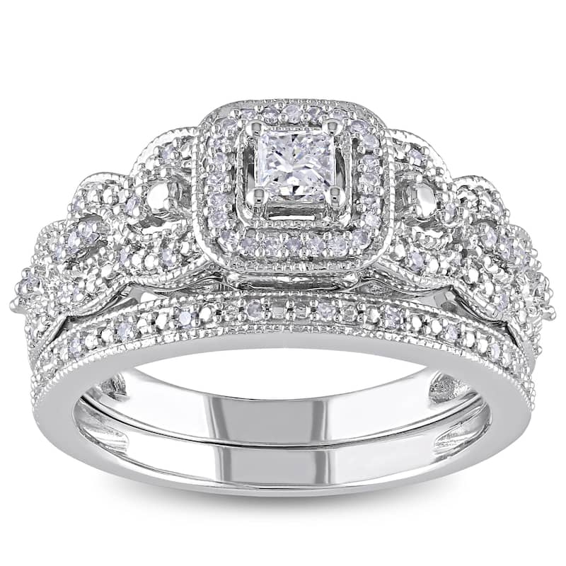 Miadora Signature 14k White Gold 1/2ct TDW Diamond Halo Bridal Ring Set
