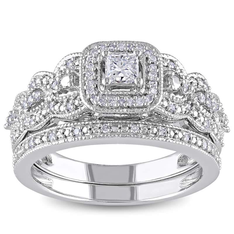 Miadora Signature 14k White Gold 1/2ct TDW Diamond Halo Bridal Ring Set - 4.5