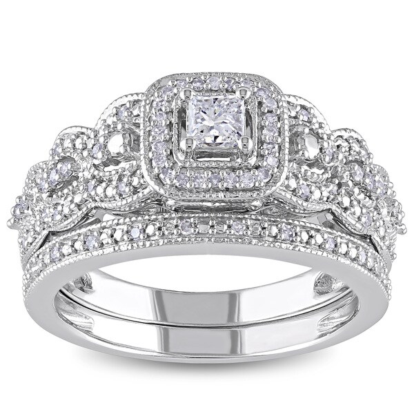 Miadora Signature 14k White Gold 1/2ct TDW Diamond Halo Bridal Ring Set