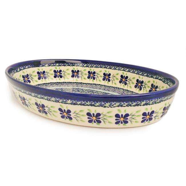 Handmade Blue/ Green Polish Stoneware Oval Baker Dish (Poland)
