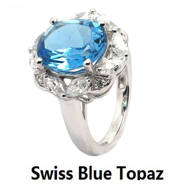 De Buman Genuine Swiss Blue Topaz Amethyst with CZ Sterling Silver Ring