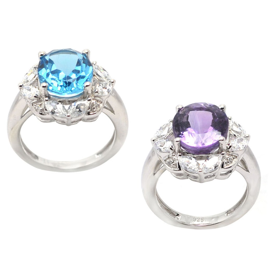 De Buman Genuine Swiss Blue Topaz Amethyst with CZ Sterling Silver Ring