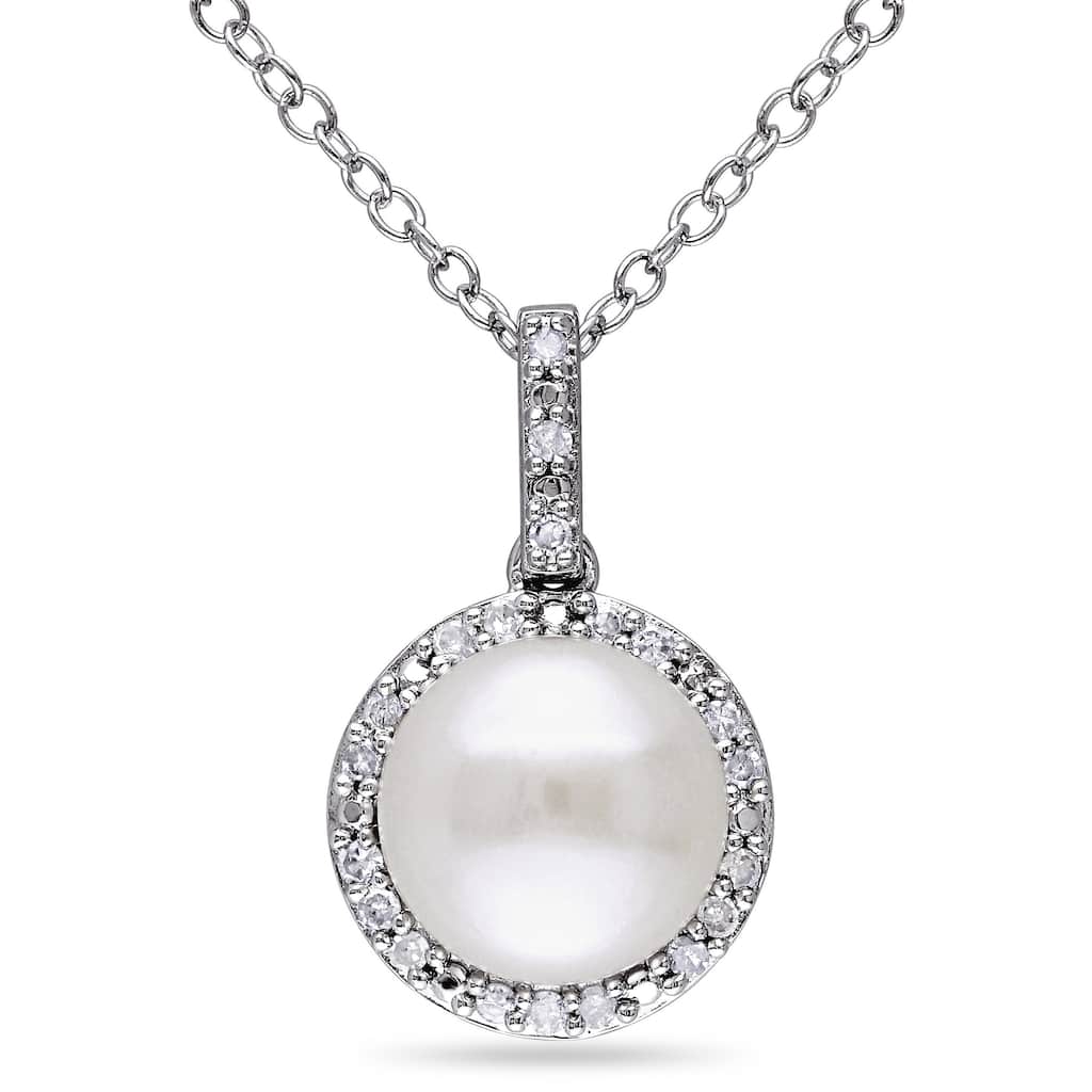 Miadora Silver Cultured Pearl and 1/10ct TDW Diamond Necklace (H-I, I2-I3)