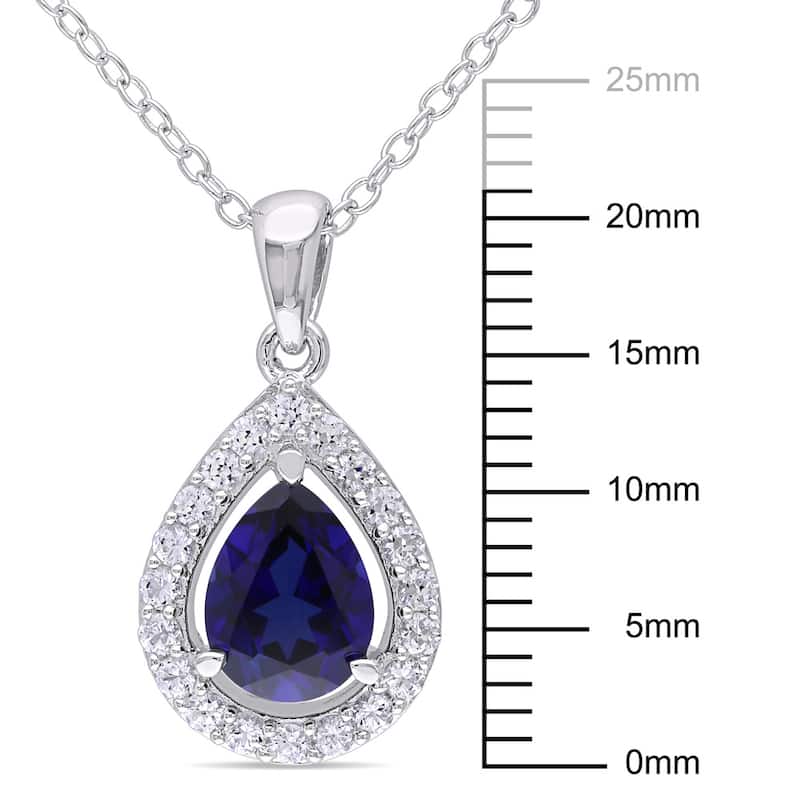 Miadora Sterling Silver 2 1/5ct TGW Created Blue and White Sapphire Halo Teardrop Necklace - 21 mm x 18 in x 11 mm