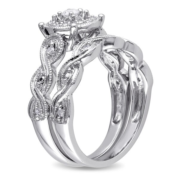 Miadora Sterling Silver 1/5ct TDW Diamond Infinity Filigree Vintage Halo Bridal Ring Set - White