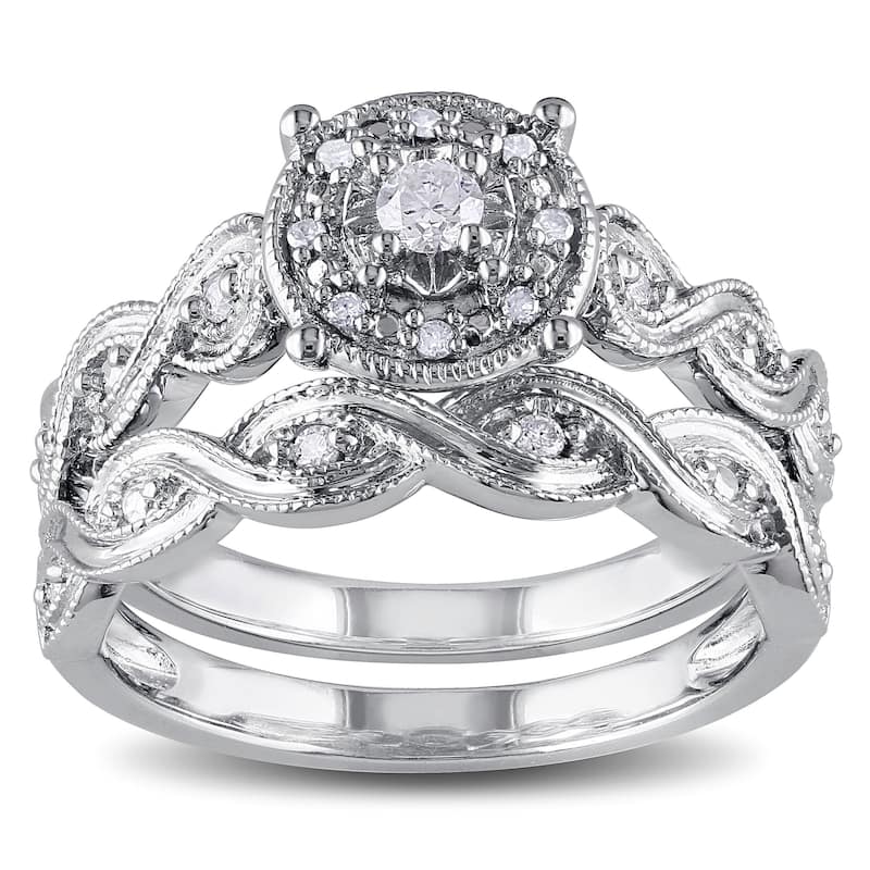 Miadora Sterling Silver 1/5ct TDW Diamond Infinity Filigree Vintage Halo Bridal Ring Set - White