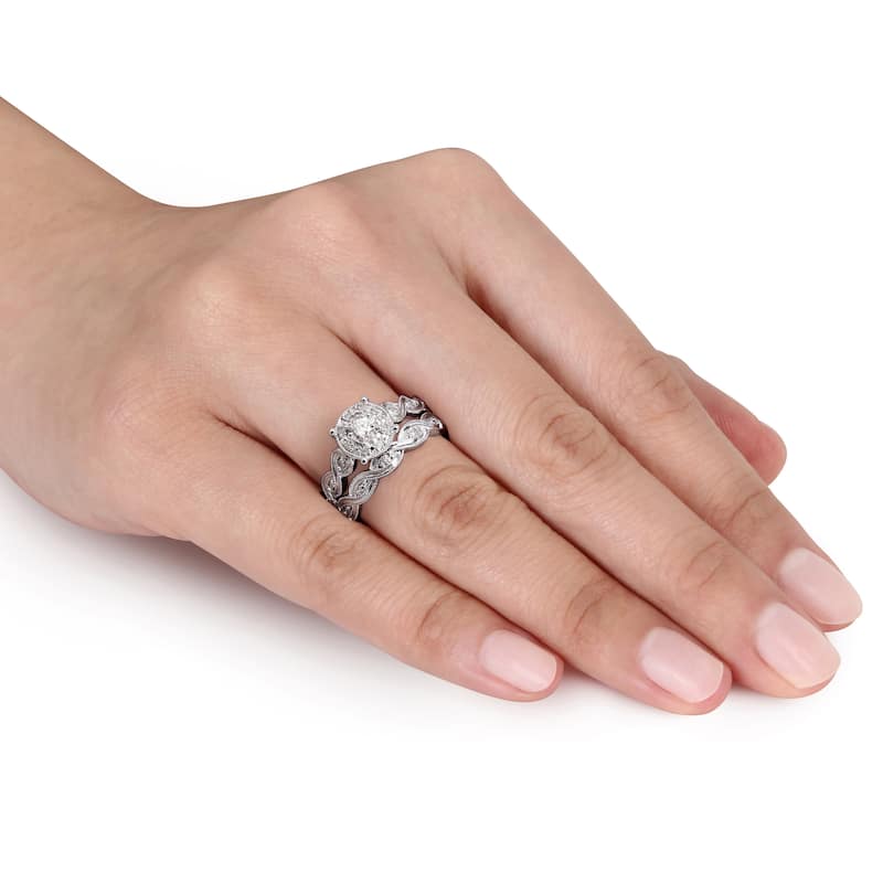 Miadora Sterling Silver 1/5ct TDW Diamond Infinity Filigree Vintage Halo Bridal Ring Set - White