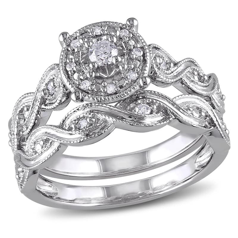 Miadora Sterling Silver 1/5ct TDW Diamond Infinity Filigree Vintage Halo Bridal Ring Set - White