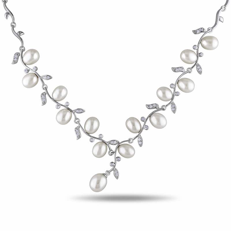 Miadora Silver White Pearl and Cubic Zirconia Necklace (6.5-7 mm)