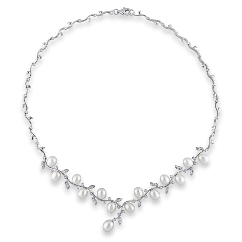 Miadora Silver White Pearl and Cubic Zirconia Necklace (6.5-7 mm)